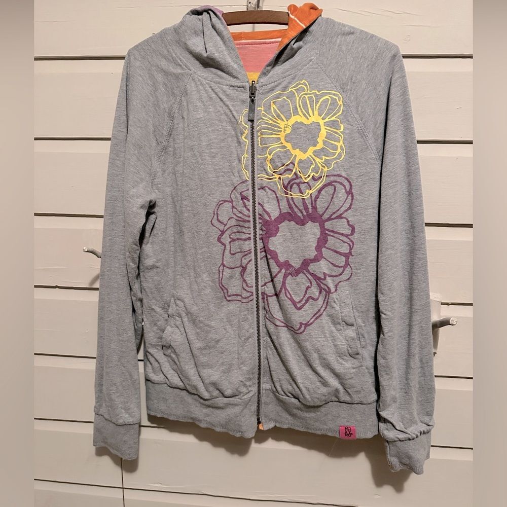 Roxy reversible full zip hoodie Gray with flowers and stripes of yellow orange